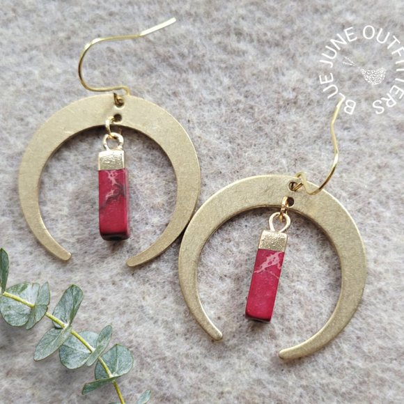 Imperial Jasper Crescent Moon Earrings | Hypoallergenic Gemstone Dangle Earrings - Picture 1 of 3